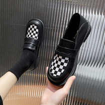 Small leather shoes women 2022 Spring and autumn new womens shoes net red chessboard Glefoe shoes coarse heel thick bottom one foot pedal single shoe