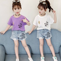Girls summer suit 2020 new foreign style childrens clothing summer Net red denim shorts T-shirt fashionable two-piece set