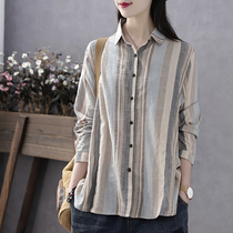 Han Soyi retro literature spring and autumn cotton shirt womens long sleeve loose vertical stripe shirt outside wear base shirt
