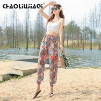 Womens bloomers Summer thin cotton silk pajamas Yoga flower pants Thai artificial cotton mosquito-proof pants Closed adult beach pants