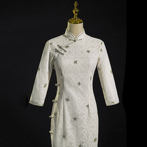 White cheongsam 2021 new improved mid-sleeve dress retro temperament young girl long autumn