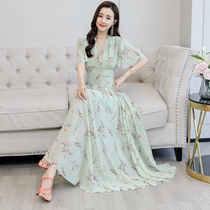 Socialite temperament Big V collar short sleeve chiffon dress summer abdomen waist thin age a long skirt 2021 New