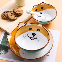 Cartoon dog ceramic rice bowl husky shape bowl embossed animal pattern cute children students bowl chopsticks set