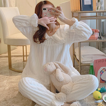 Coral velvet pajamas womens autumn and winter Korean version of sweet can wear womens doll collar flannel home suit suit sy