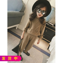 Girls Autumn and Winter Spring Sen Womens warm pure color pattern sweater two-piece set (jacket pants)
