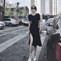 Lalm dress female summer new Korean retro side split short-sleeved mid-length thin Hepburn small black skirt tide