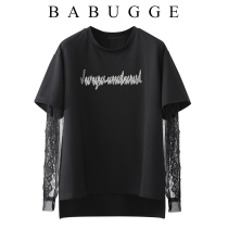 Net red black t-shirt woman 2022 Spring loaded new Korean version of the Korean version Ins ultra-fire loose lace long sleeve fake two blouses