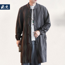 Spring Chinese style medium-length linen trench coat mens loose large size jacket Retro wind buckle Tang suit cotton and Hemp Hanfu