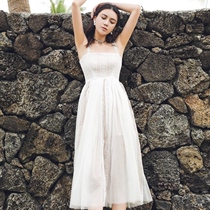 Princess sling dress female summer temperament medium length beach dress seaside holiday puffy gauze dress long dress Super fairy