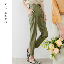 Early cotton custom fabric nine-point twill trousers three-dimensional pleated tapered casual pants womens army green Harlan pants