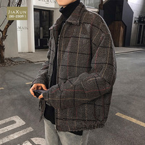 Autumn and winter plaid tooling jacket fat man loose fattening plus size cotton suit short Korean trend cotton coat