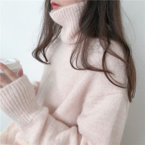 Lazy gentle pink mohair turtleneck pullover sweater women loose wear 2020 autumn and winter thick base shirt
