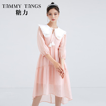 (Mall same section) Sugar spring new medium length sweet and beautiful lace dolls collar creamy pleats and dresses dresses