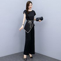 Acetate satin two-piece set 2021 Summer new French style high-end name Yuanyuan Temperament Slim-Broadlegged Pants Suit
