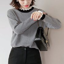 womens lazy lace collar black and white plaid contrast pullover outwear cashmere knitwear top