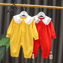 Net red female baby Princess ha clothes spring and autumn suit full moon newborn baby conjoined clothes autumn cute foreign atmosphere