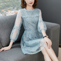 Blue Mesh Yarn One-piece Dress Woman 2020 new spring Fashion hollowed-out lace embroidered with long cashew A-word dress