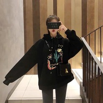 Black hooded sweater female 2020 Spring and Autumn New bf lazy wind long sleeve top female winter plus velvet coat ins tide