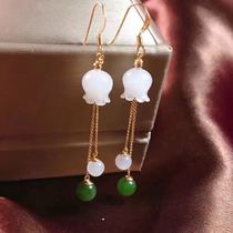 Natural Hetian white jade lily of the Valley drop earrings 14k gold inlaid long original trumpet flower small magnolia ear hook