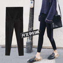 Pregnant pants Spring and autumn fashion trend mom small feet nine-point pants wear black velvet thick pregnant leggings outside in winter
