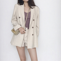 Korea counter 2021 spring and summer new small blazer women cotton linen suit women linen shorts casual set women