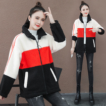 BBQ Sweater Jacket Woman Plus Suede New Zipper Collision Color Loose thickened Korean version 100 Lap Collar Lamb Clothing