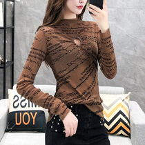European Standing Autumn Winter New Fashion Sexy Hollowed-out T-shirt Woman Long Sleeve Mesh Yarn Foreign Air Blouse Semi-High Neckline Undershirt