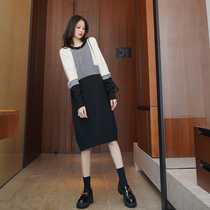 2021 new womens early spring autumn long sleeve French retro temperament waist slim knitted color jumpsuit dress