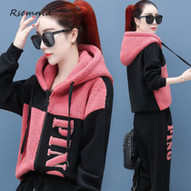 Rsemnia lambskin casual sports suit women loose thin plus velvet thickened sweater outdoor fitness clothing trend
