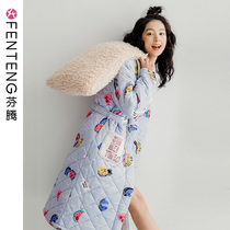 Fenten coral velvet robe womens autumn and winter three-layer cotton bathrobe plus velvet padded flannel long cotton-padded jacket home clothing