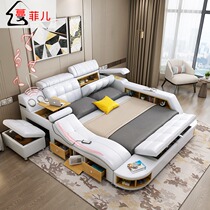 Smart massage tatami leather bed Double bed 2 2 meters wedding bed Simple modern master bedroom multi-function soft bed