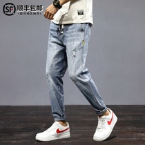 Tide brand broken hole scraped jeans men ins trend elastic waist loose Joker small feet ankle-length pants casual pants