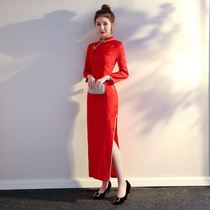 Etiquette dress female welcome Lady dress autumn and winter long sleeve dress red long hotel ribbon cutting cheongsam toast