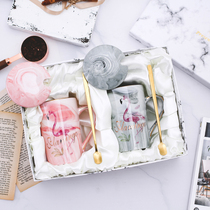 Marbled Cup ceramic mug ins girl heart pink spoon with lid Nordic coffee cup couple water Cup