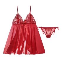 Sexy pajamas female thin nightdress red embroidery lace stitching placket temptation suspender nightdress lace-up panties