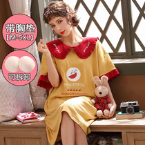 With Chest Cushion Sleeping Skirt Woman Summer Pure Cotton Extractable Gats Extra Overweight mm200 Catty Pregnant Woman Loose Sleepwear Summer