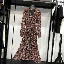 MRMW floral dress female 2021 summer New temperament V-collar long sleeve long waist thin tea break skirt