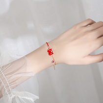 Cat sterling silver kitten bracelet female ins niche design Red best friend hand decoration Warm color red rope girls