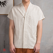 Chinese style retro cotton and linen Tang suit shirt summer thin linen short-sleeved Hanfu Chinese traditional Confucian mens clothing