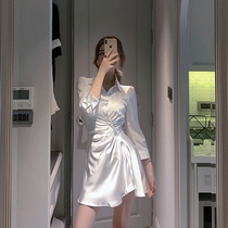 White satin dress womens summer 2021 new irregular temperament shirt skirt short waist thin design sense