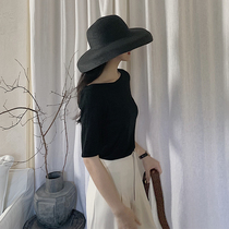 From a silk wool black knitted short-sleeved womens T-shirt blouse base shirt thin autumn and winter