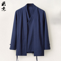 Autumn Chinese style mens linen fake two-piece Hanfu jacket Mens ancient style loose lay clothes Zen cotton and hemp Tang suit