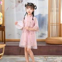 Girls cheongsam 2021 new childrens foreign gauze dress lace mid-sleeve retro Hanfu dress baby thin