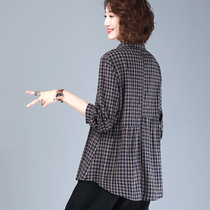 Womens shirt long-sleeved 2021 new retro wild loose belly cover high-end shirt plaid short spring and autumn top