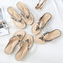 Flip-flops womens ins tide wild net red rhinestone wedge slippers 2020 new fashion wear flat beach shoes