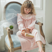 Muses pajamas spring and autumn womens court long sleeve mink velvet nightgown cute princess kid coral velvet