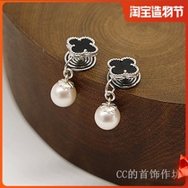 925 Silver Black Agate Clover element Freshwater Pearl classic ear clip CC jewelry workshop handmade earrings