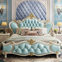 Jiastu European double bed 1 8 meters master bedroom Princess bed French luxury leather bed Solid wood wedding bed Bedroom furniture