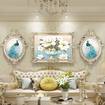 Living room decoration painting sofa background atmospheric hanging European mural Flower peacock oil painting Oval high-grade triple painting