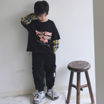 Childrens clothing boys fried street sweater spring and autumn thin fake two pieces of tide brand 2021 autumn new medium and large boy boys